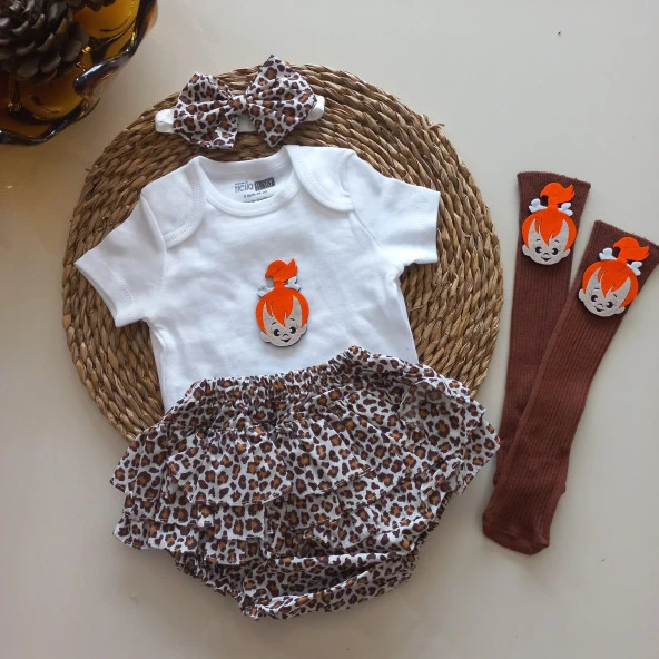 MARS BABY Kız Bebek Leopar Çakıl Fırfır Şort Etek Bodyli Bandana Çorap Takımı - 3
