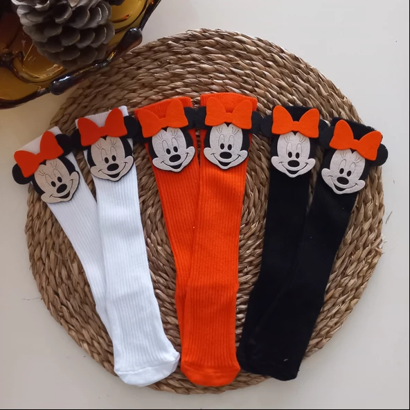 MARS BABY Kız Bebek Beyaz Turuncu Siyah Mickey Minnie Mouse Keçe Figürlü Dizaltı Çorap