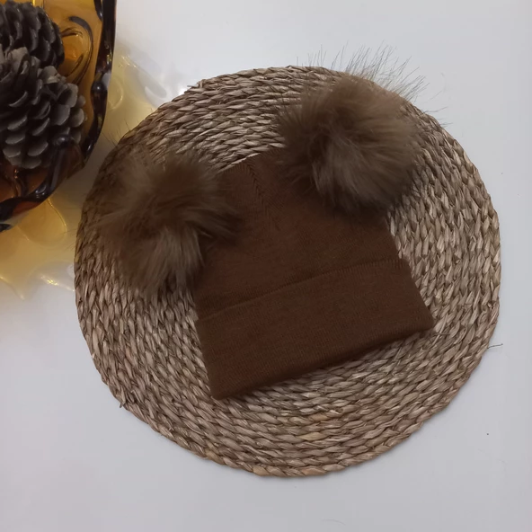 MARS BABY Kız Bebek Çocuk Düz Taba Kahverengi Çift Ponponlu Bere