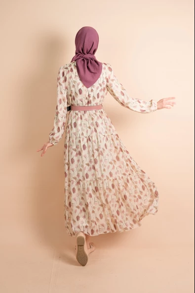 Yeni Koleksiyon Astarlı Şifon Lale Desen Pembe - 3