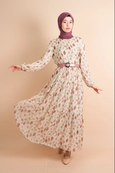 Yeni Koleksiyon Astarlı Şifon Lale Desen Pembe