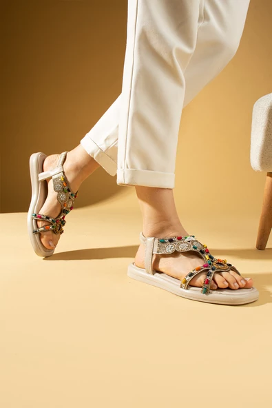 Pembe Potin Boncuk Detaylı Taşlı Arkası Lastikli Kadın Sandalet 57-274-24 - 6