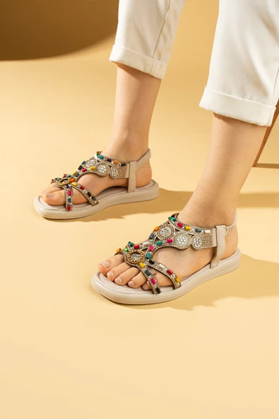 Pembe Potin Boncuk Detaylı Taşlı Arkası Lastikli Kadın Sandalet 57-274-24 - 3