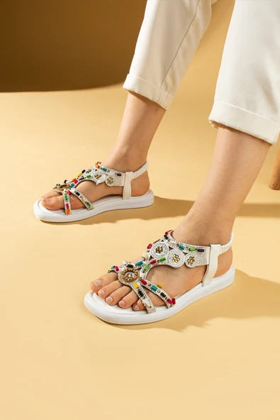 Pembe Potin Boncuk Detaylı Taşlı Arkası Lastikli Kadın Sandalet 57-274-24 - 2