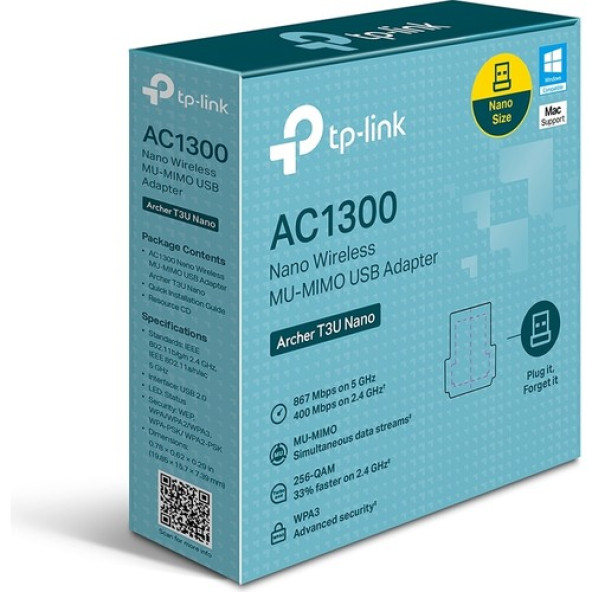 TP-LINK Archer T3U Nano, AC1300 Mbps Nano Kablosuz Dual-Band MU-MIMO USB Adaptör - Resim 2