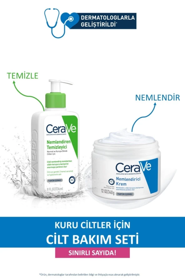 CeraVe Kuru Ciltler Için Cilt Bakım Seti; Nemlendiren Temizleyici 236 ml Nemlendirici Krem Kavanoz 340 G - 5