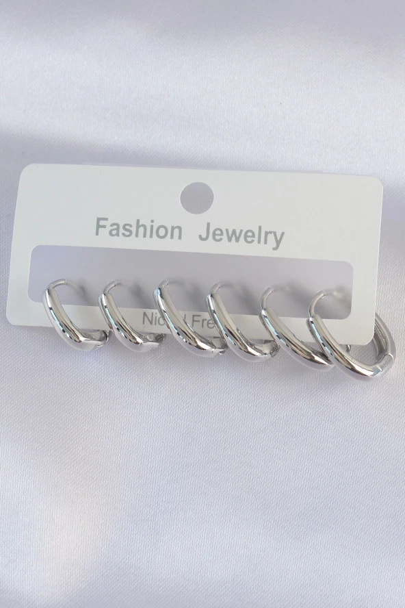 Pirinç Gümüş Renk Oval Küpe Seti - EBJ240601W24774 ürün görseli