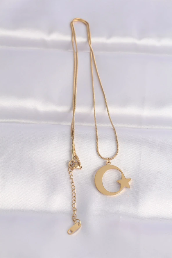 316L Çelik Zincir Gold Renk Ay Yıldız Unisex Kolye - EBJ240601W24675 - Resim 2