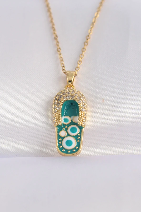 316L Çelik Zincir Zirkon Taşlı Altın Renk Nazarlı Terlik Tasarımlı Kolye - EBJ240601W24640 ürün görseli