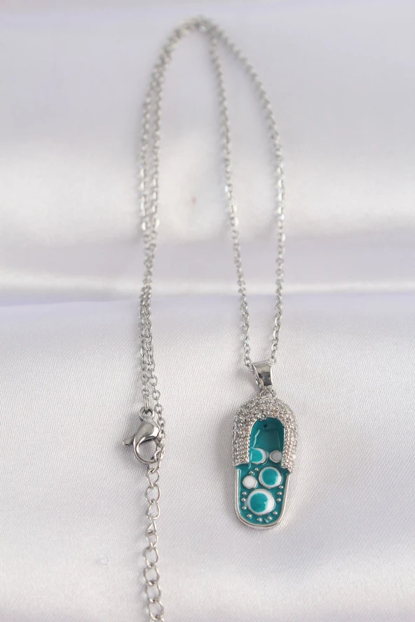 316L Çelik Zincir Zirkon Taşlı Gümüş Renk Nazarlı Terlik Tasarımlı Kolye - EBJ240601W24641 - Resim 2