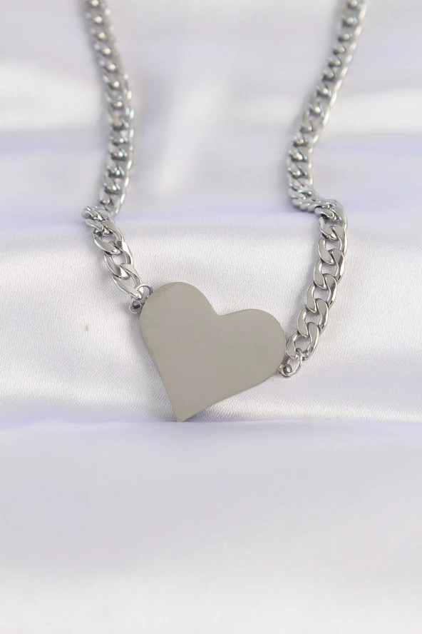 316L Çelik Zincir Gümüş Renk Düz Plaka Kalp Kolye - EBJ240601W24619 ürün görseli