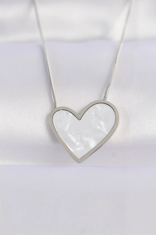 316L Çelik Zincir Gümüş Renk Mermer Desenli Kalp Kolye - EBJ240601W24632 ürün görseli