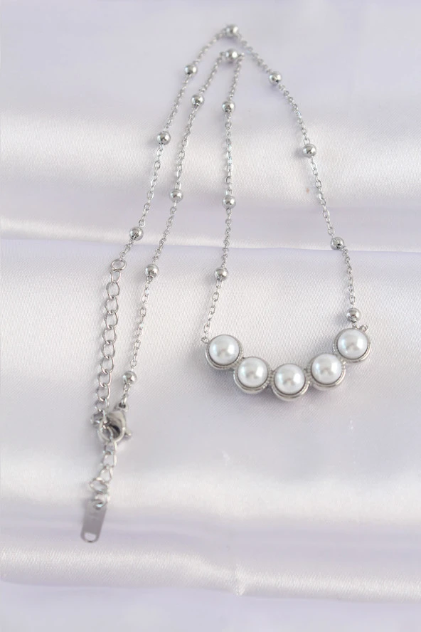 316L Çelik Zincir Gümüş Renk Sıralı İnci Taşlı Kolye - EBJ240601W24630 - Resim 2