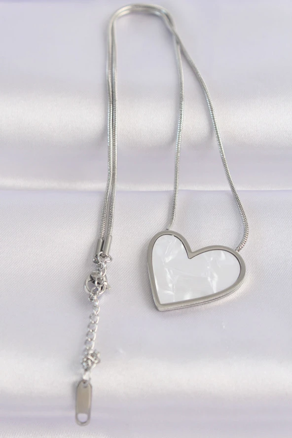 316L Çelik Zincir Gümüş Renk Mermer Desenli Kalp Kolye - EBJ240601W24632 - Resim 2