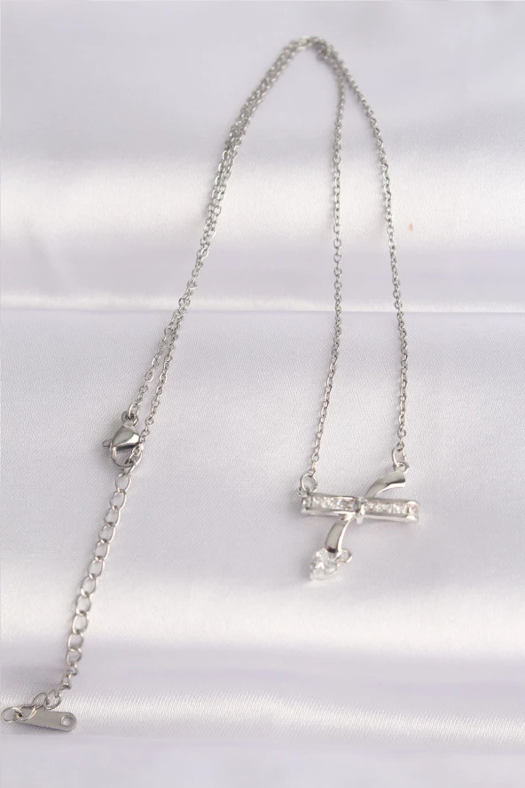 316L Çelik Zincir Gümüş Renk Zirkon Taşlı Kalp Detay Fiyonk Kolye - EBJ240601W24597 - Resim 2