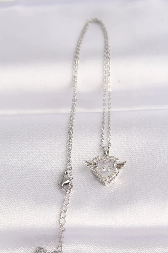 316L Çelik Zincir Gümüş Renk Zirkon Taşlı Kanatlı Kalp Kolye - EBJ240601W24603 - Resim 2