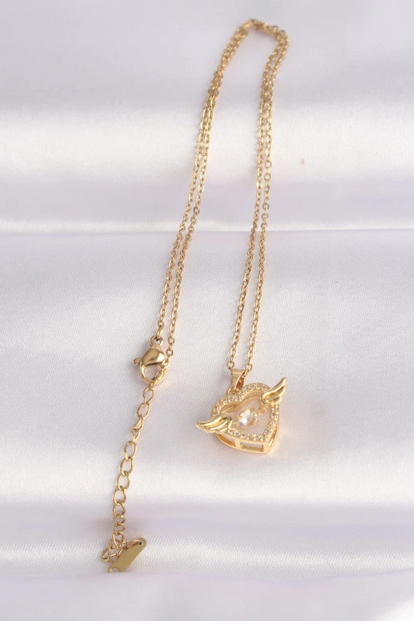 316L Çelik Zincir Altın Renk Zirkon Taşlı Kanatlı Kalp Kolye - EBJ240601W24604 - Resim 3