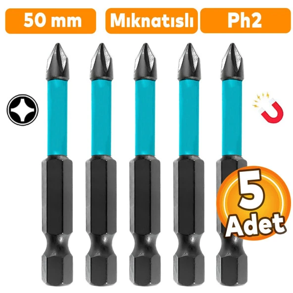 5 Adet Mıknatıslı Bits Uç Ph2 50 mm Vida Sökme 5 Cm Yıldız Matkap Vidalama Ucu S2 Çeliği