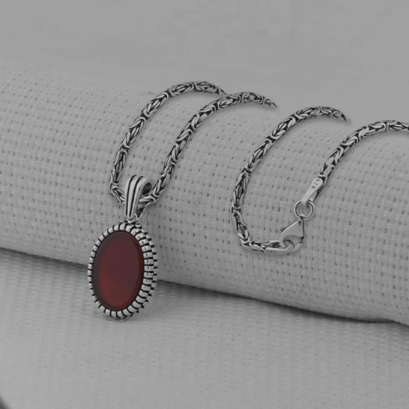 Akik Taşlı Oval Kesim 925 Ayar Erkek Gümüş Kolye - Resim 2