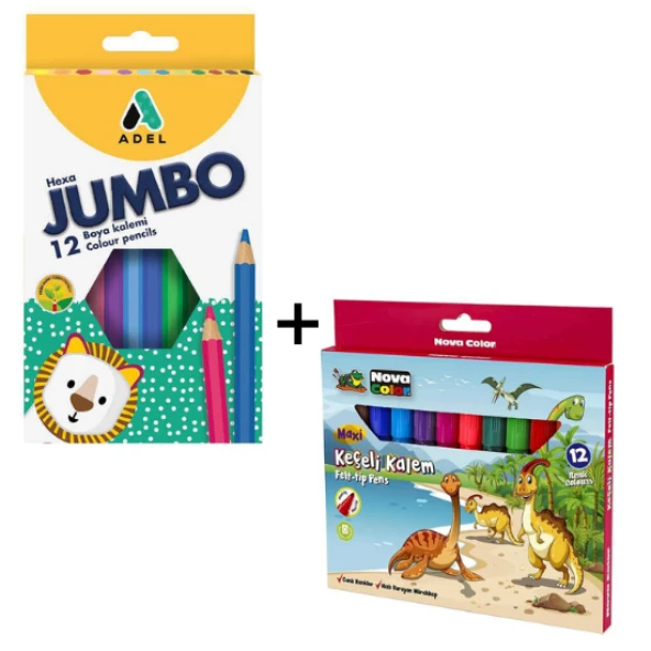 adel 12 li jumbo kuru boya + nova maxi 12 li jumbo keçeli kalem seti ürün görseli 1