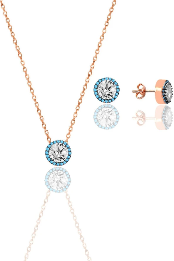 Gümüş rose nano turkuaz ve zirkon taşlı pırlanta montür kolye ve küpe seti SGTL12384ROSE ürün görseli