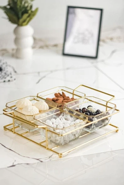 Buenos Twinkle 4 Bölmeli Gold Standlı Cam Sunumluk ürün görseli 1