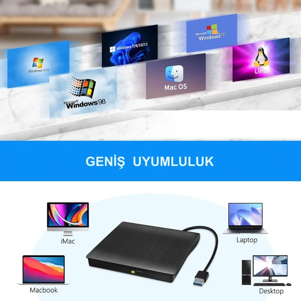 HyMark USB 3.0 Taşınabilir CD DVD Yazıcı Okuyucu Windows Mac Dizüstü Masaüstü Bilgisayar - Resim 7