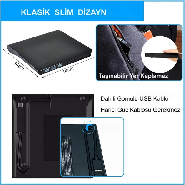 HyMark USB 3.0 Taşınabilir CD DVD Yazıcı Okuyucu Windows Mac Dizüstü Masaüstü Bilgisayar - 5