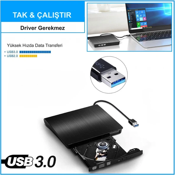 HyMark USB 3.0 Taşınabilir CD DVD Yazıcı Okuyucu Windows Mac Dizüstü Masaüstü Bilgisayar - Resim 3