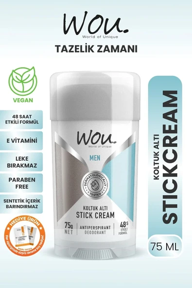 WOU World of Unique Stick Krem, Koltuk Altı Terleme Önleyici 48 Saat Etkin Koruma Vegan, Erkek Kol