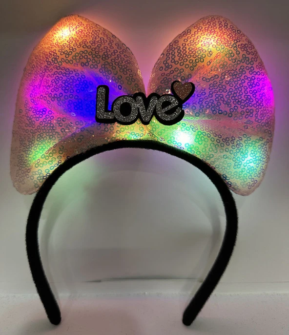 Led Işıklı 3 Farklı Fonksiyonda Yanan Gümüş Love Yazılı Toz Pembe Fiyonk Taç 20X17 cm