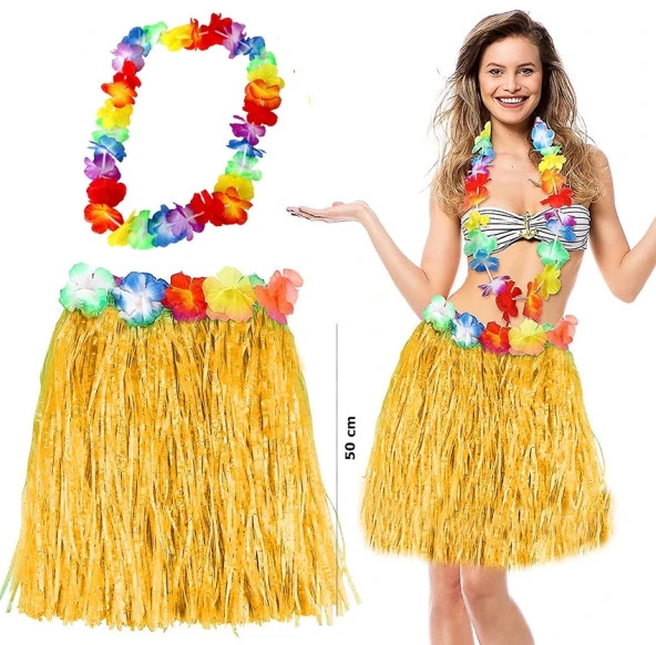 Hawaii Luau Aloha Sarı Püsküllü 50 cm Etek ve Hawaii Kolye Seti