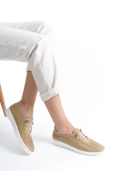 Hakiki Deri Ortopedik Hassas Ciltler İçin Çok Yumuşak Bej Kadın Ayakkabı  Artı-Artı014-ALK054 - 3