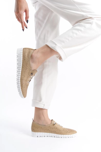 Hakiki Deri Ortopedik Hassas Ciltler İçin Çok Yumuşak Bej Kadın Ayakkabı  Artı-Artı014-ALK054 - 2