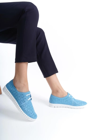 Hakiki Deri Ortopedik Hassas Ciltler İçin Çok Yumuşak Mavi Kadın Ayakkabı - 2