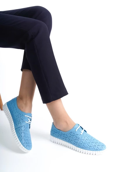 Hakiki Deri Ortopedik Hassas Ciltler İçin Çok Yumuşak Mavi Kadın Ayakkabı - 4