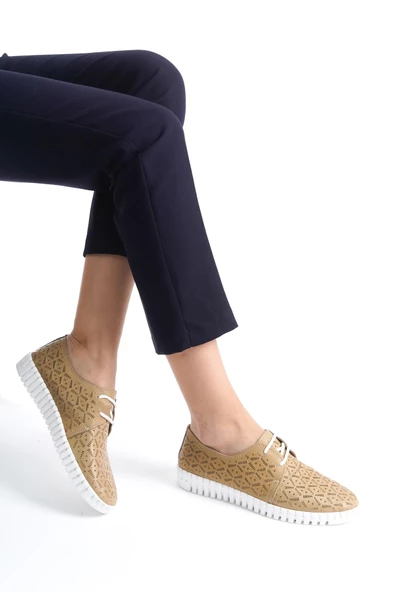 Hakiki Deri Ortopedik Hassas Ciltler İçin Çok Yumuşak Bej Kadın Ayakkabı - 4