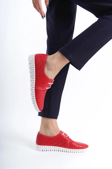 Hakiki Deri Ortopedik Hassas Ciltler İçin Çok Yumuşak Kırmızı Kadın Ayakkabı - 3