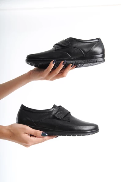 Artı-Artı014-0013 Hakiki Deri Ortopedik Cırtlı  Kadın Siyah Babet Ayakkabı - 4