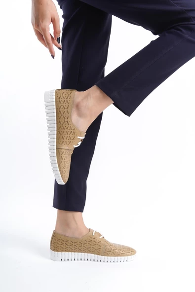 Hakiki Deri Ortopedik Hassas Ciltler İçin Çok Yumuşak Bej Kadın Ayakkabı - 3