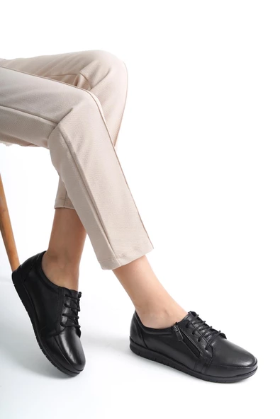 Artı-Artı014-0012 Hakiki Deri Ortopedik Bağcıklı Fermuarlı Kadın Siyah Babet Ayakkabı - 3