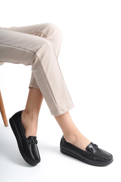 Artı-Artı014-BB-501-T Hakiki Deri Ortopedik Kadın Siyah  Babet Ayakkabı - Resim 3