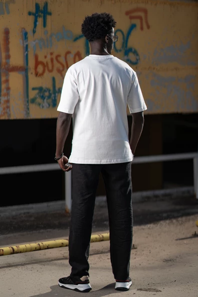Bisiklet Yaka %100 Pamuklu Küçük Baskılı Oversize (Geniş Model) T-shirt - 4