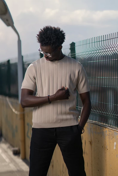 Bisiklet Yaka Rayon Kumaş Kendinden Çizgili Likralı Slimfit T-shirt - Resim 3