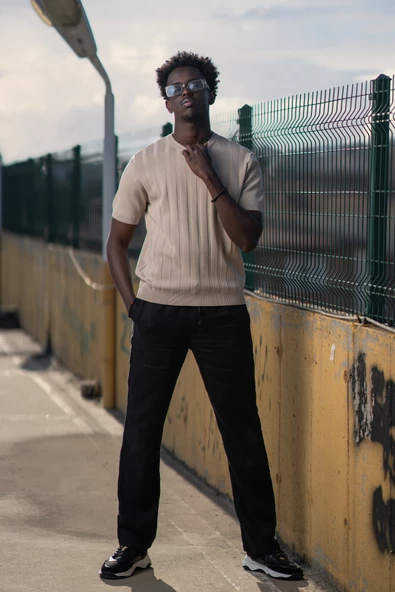 Bisiklet Yaka Rayon Kumaş Kendinden Çizgili Likralı Slimfit T-shirt