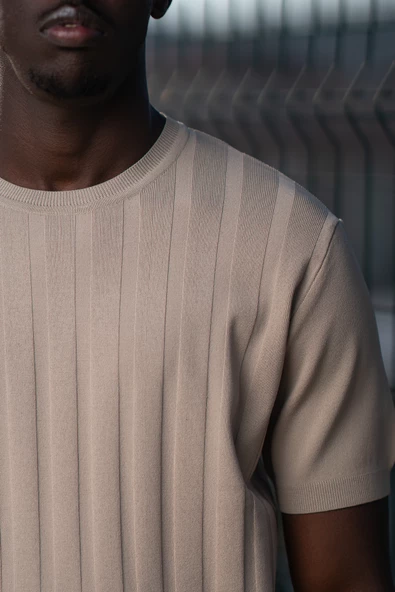 Bisiklet Yaka Rayon Kumaş Kendinden Çizgili Likralı Slimfit T-shirt - Resim 5