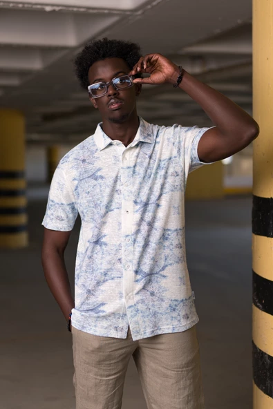 Slimfit Çiçek Desenli Kısa Kol Yazlık Kumaş Kısa Kol Gömlek - Resim 3