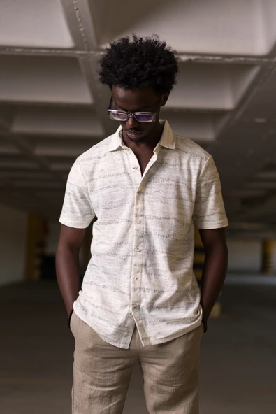 Slimfit Desenli Kısa Kol Yazlık Kumaş Kısa Kol Gömlek - Resim 2