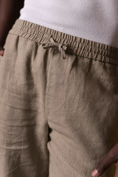 Beli Lastikli Ve İplikli %100 Linen Kumaş Orjinal Keten Bol Paça İnce Yazlık Baggy Pantolon - 3