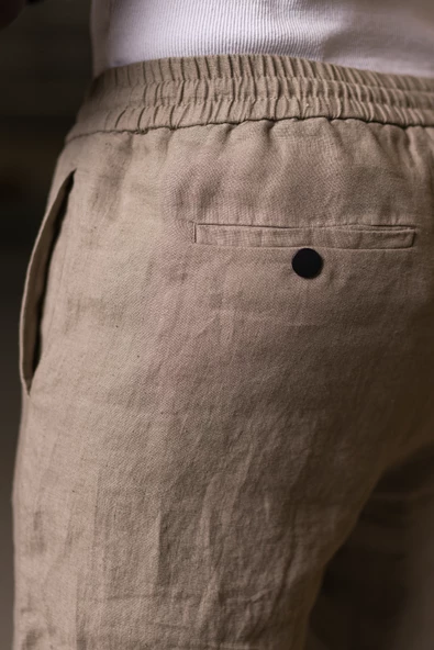 Beli Lastikli Ve İplikli %100 Linen Kumaş Orjinal Keten Bol Paça İnce Yazlık Baggy Pantolon - 4